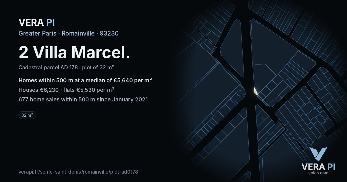 2 Villa Marcel, Romainville at night – the plot lit, the parcels around coloured by the prices near them
