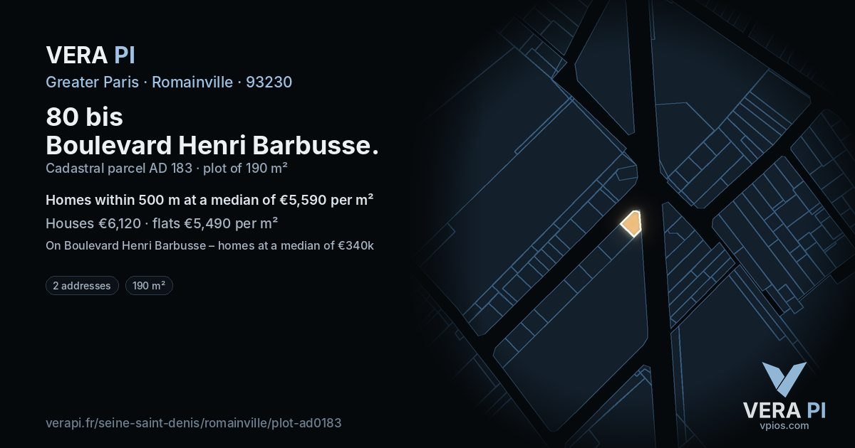 80 bis Boulevard Henri Barbusse, Romainville at night – the plot lit, the parcels around coloured by the prices near them
