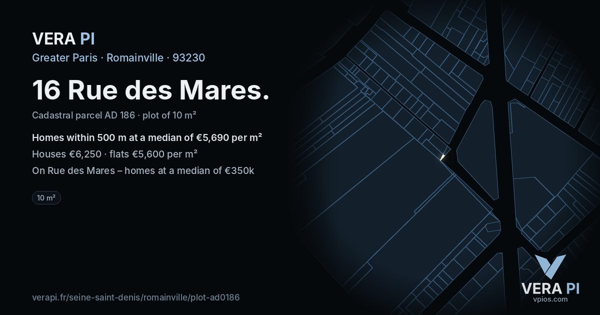 16 Rue des Mares, Romainville at night – the plot lit, the parcels around coloured by the prices near them