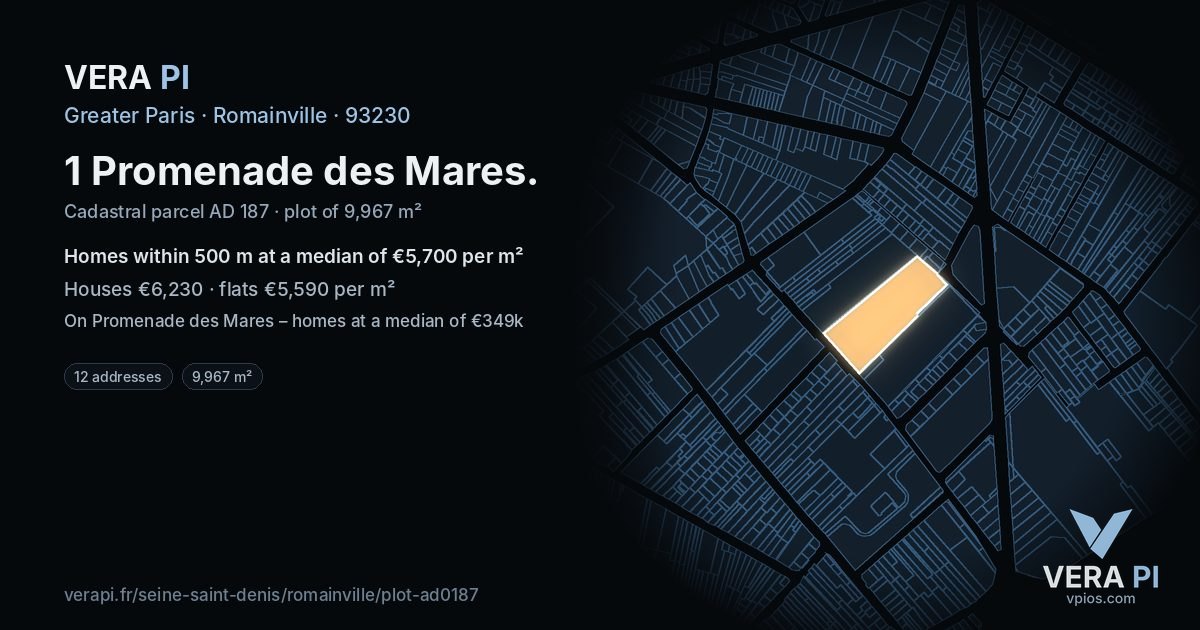 1 Promenade des Mares, Romainville at night – the plot lit, the parcels around coloured by the prices near them