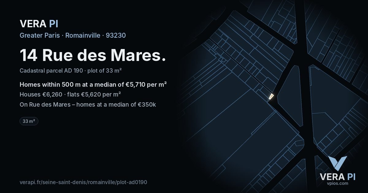 14 Rue des Mares, Romainville at night – the plot lit, the parcels around coloured by the prices near them