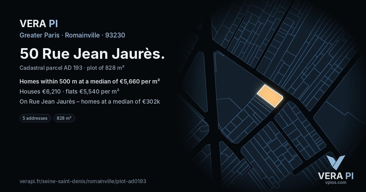 50 Rue Jean Jaurès, Romainville at night – the plot lit, the parcels around coloured by the prices near them