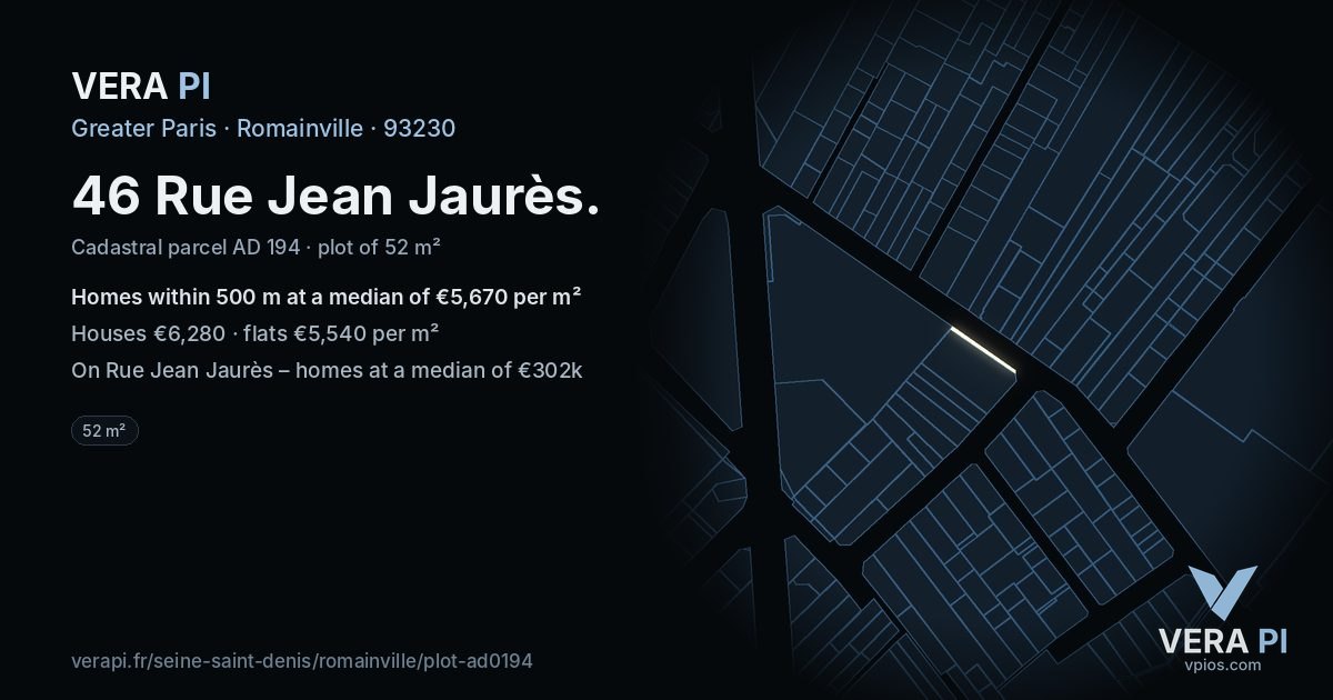 46 Rue Jean Jaurès, Romainville at night – the plot lit, the parcels around coloured by the prices near them