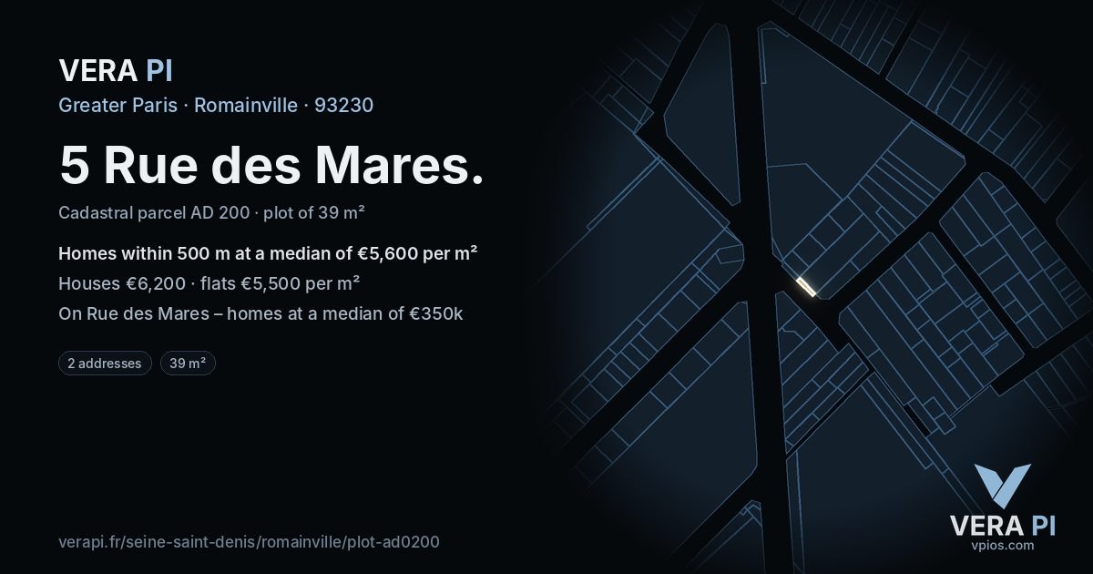 5 Rue des Mares, Romainville at night – the plot lit, the parcels around coloured by the prices near them