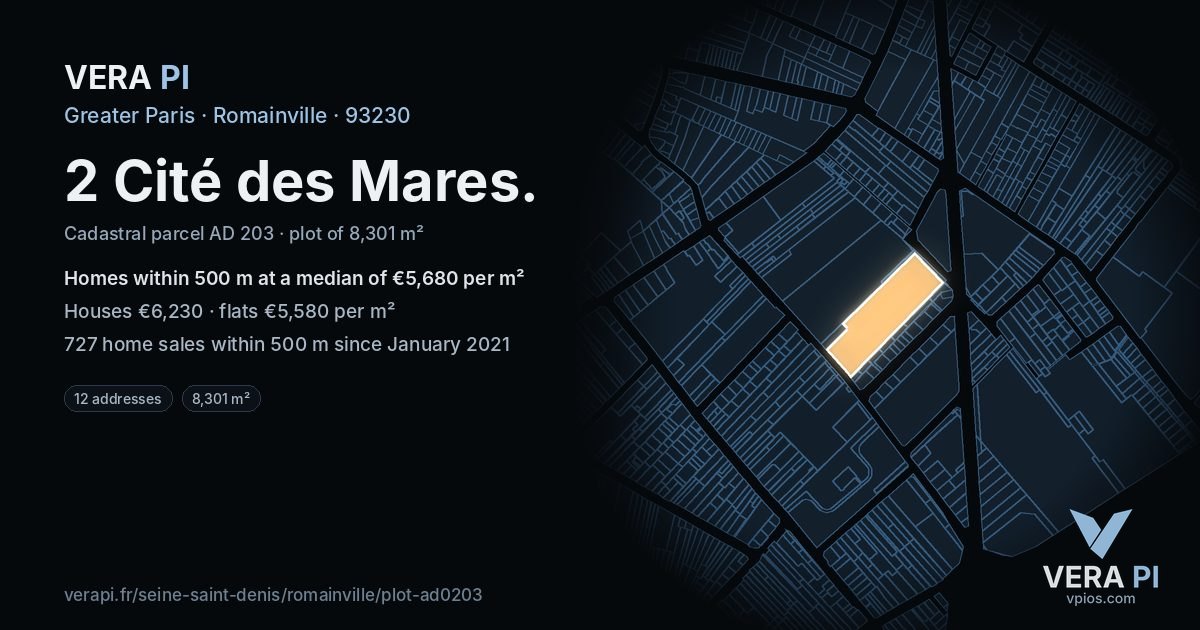 2 Cité des Mares, Romainville at night – the plot lit, the parcels around coloured by the prices near them