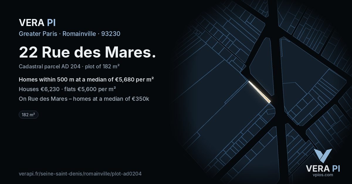 22 Rue des Mares, Romainville at night – the plot lit, the parcels around coloured by the prices near them