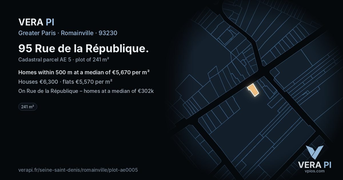 95 Rue de la République, Romainville at night – the plot lit, the parcels around coloured by the prices near them