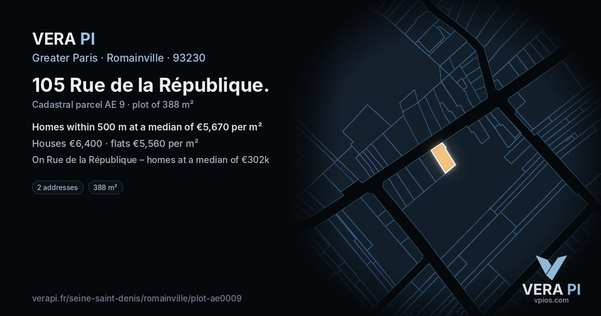 105 Rue de la République, Romainville at night – the plot lit, the parcels around coloured by the prices near them