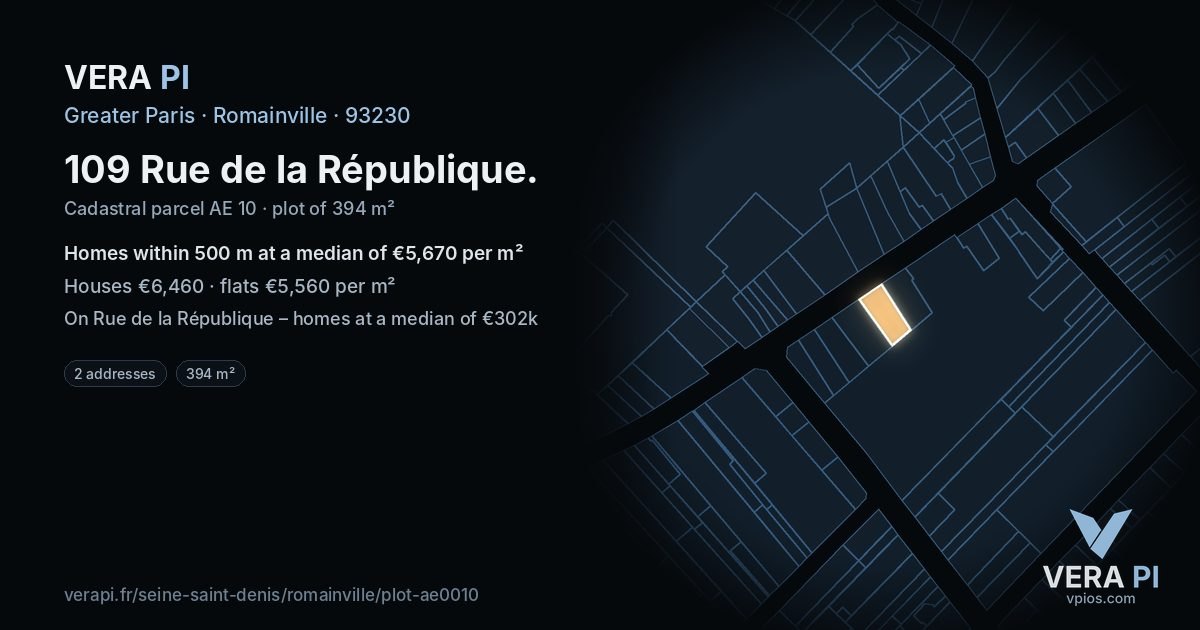 109 Rue de la République, Romainville at night – the plot lit, the parcels around coloured by the prices near them