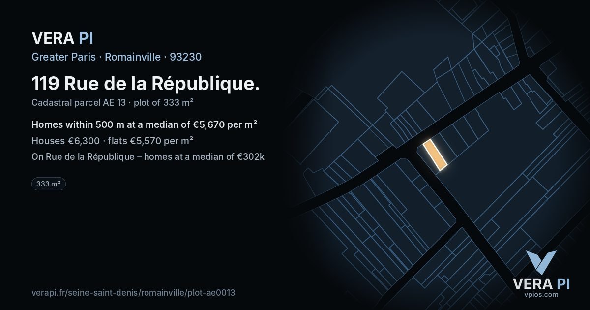 119 Rue de la République, Romainville at night – the plot lit, the parcels around coloured by the prices near them