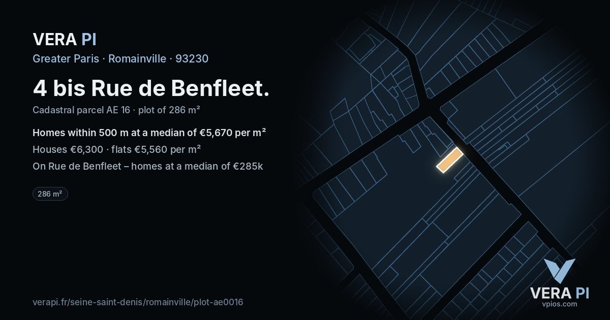 4 bis Rue de Benfleet, Romainville at night – the plot lit, the parcels around coloured by the prices near them