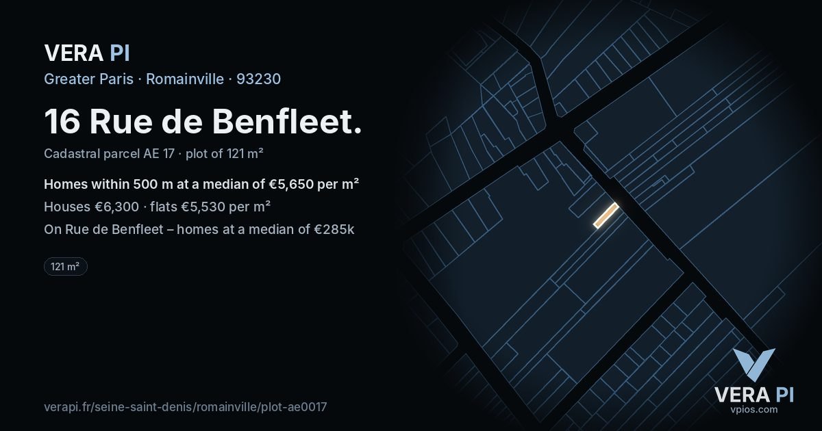 16 Rue de Benfleet, Romainville at night – the plot lit, the parcels around coloured by the prices near them