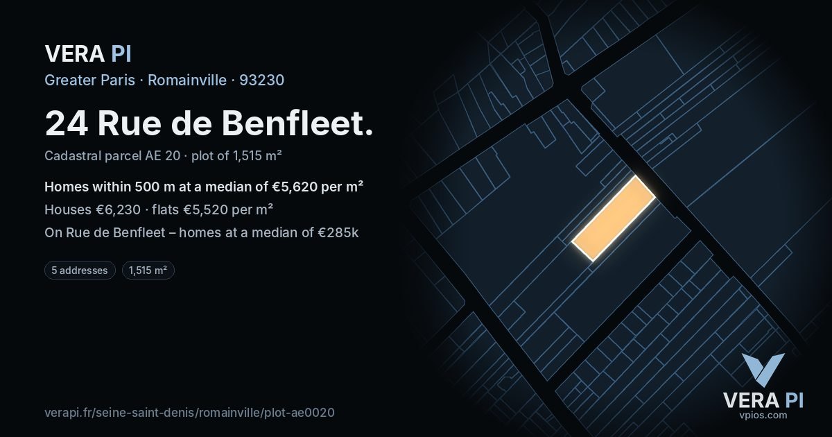 24 Rue de Benfleet, Romainville at night – the plot lit, the parcels around coloured by the prices near them