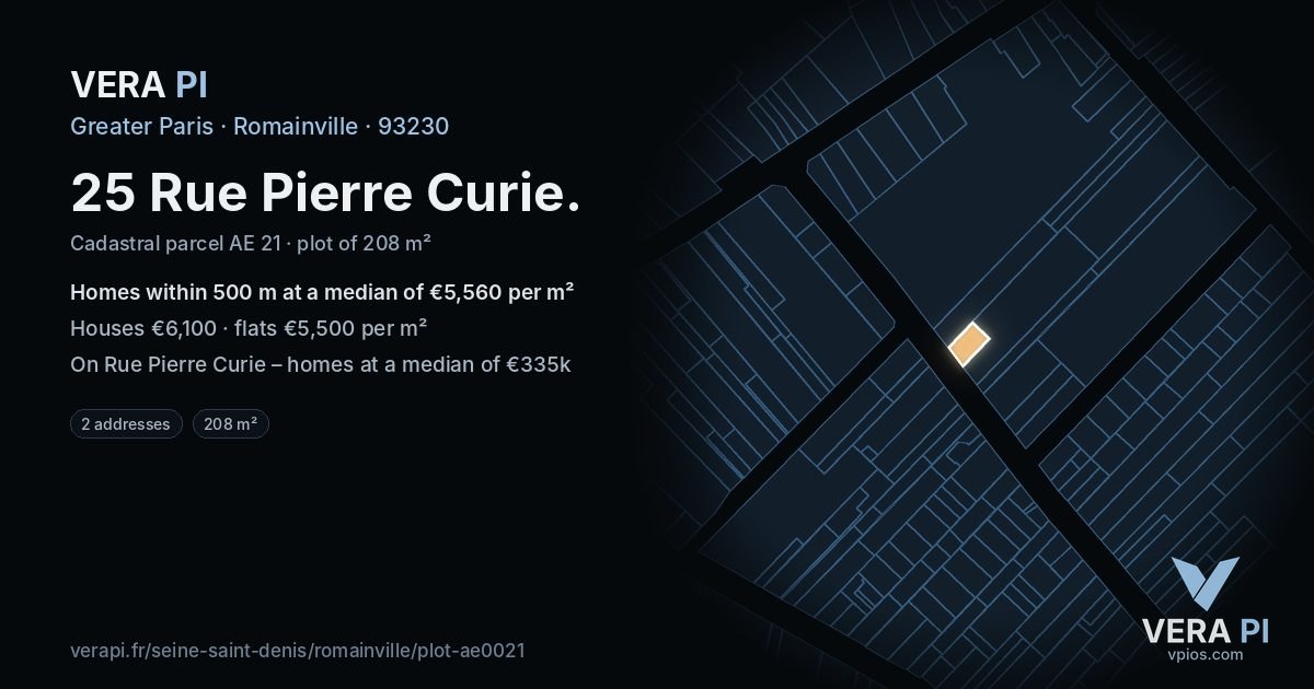 25 Rue Pierre Curie, Romainville at night – the plot lit, the parcels around coloured by the prices near them