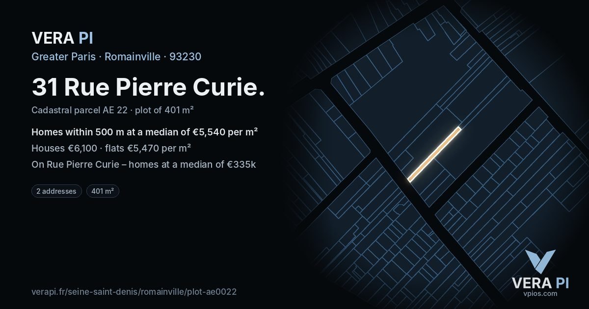 31 Rue Pierre Curie, Romainville at night – the plot lit, the parcels around coloured by the prices near them