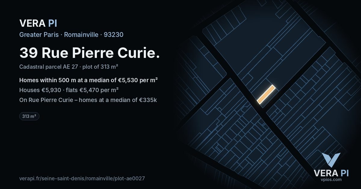 39 Rue Pierre Curie, Romainville at night – the plot lit, the parcels around coloured by the prices near them