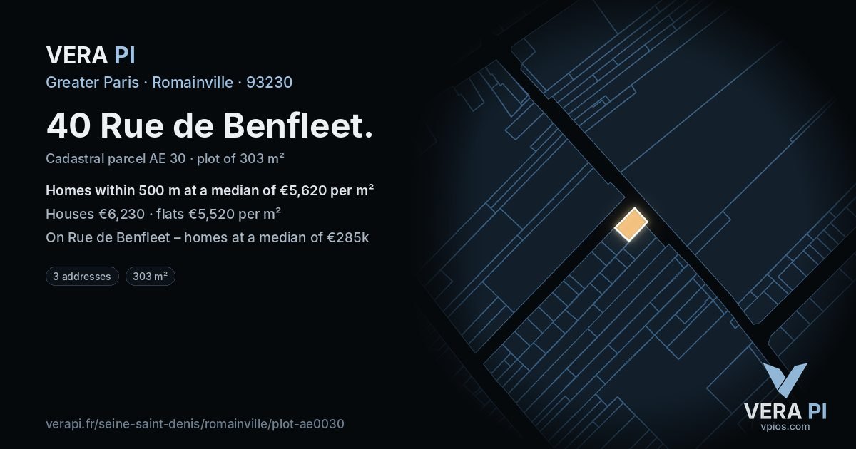 40 Rue de Benfleet, Romainville at night – the plot lit, the parcels around coloured by the prices near them