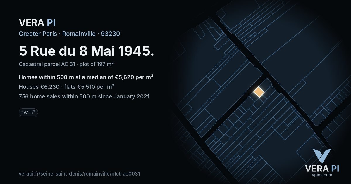 5 Rue du 8 Mai 1945, Romainville at night – the plot lit, the parcels around coloured by the prices near them
