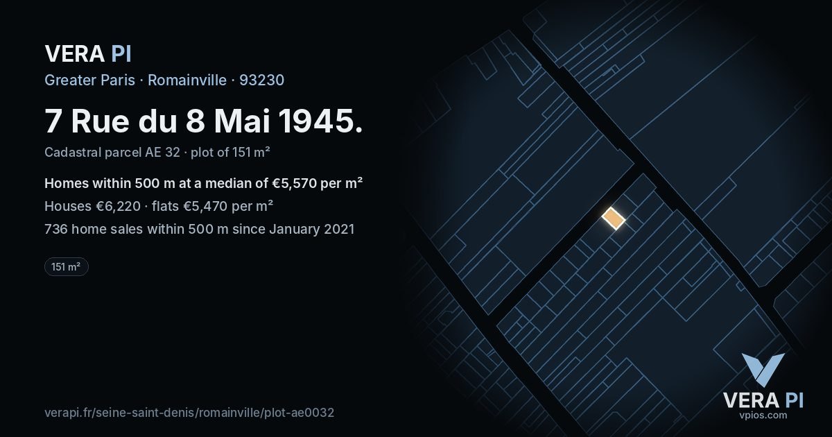 7 Rue du 8 Mai 1945, Romainville at night – the plot lit, the parcels around coloured by the prices near them