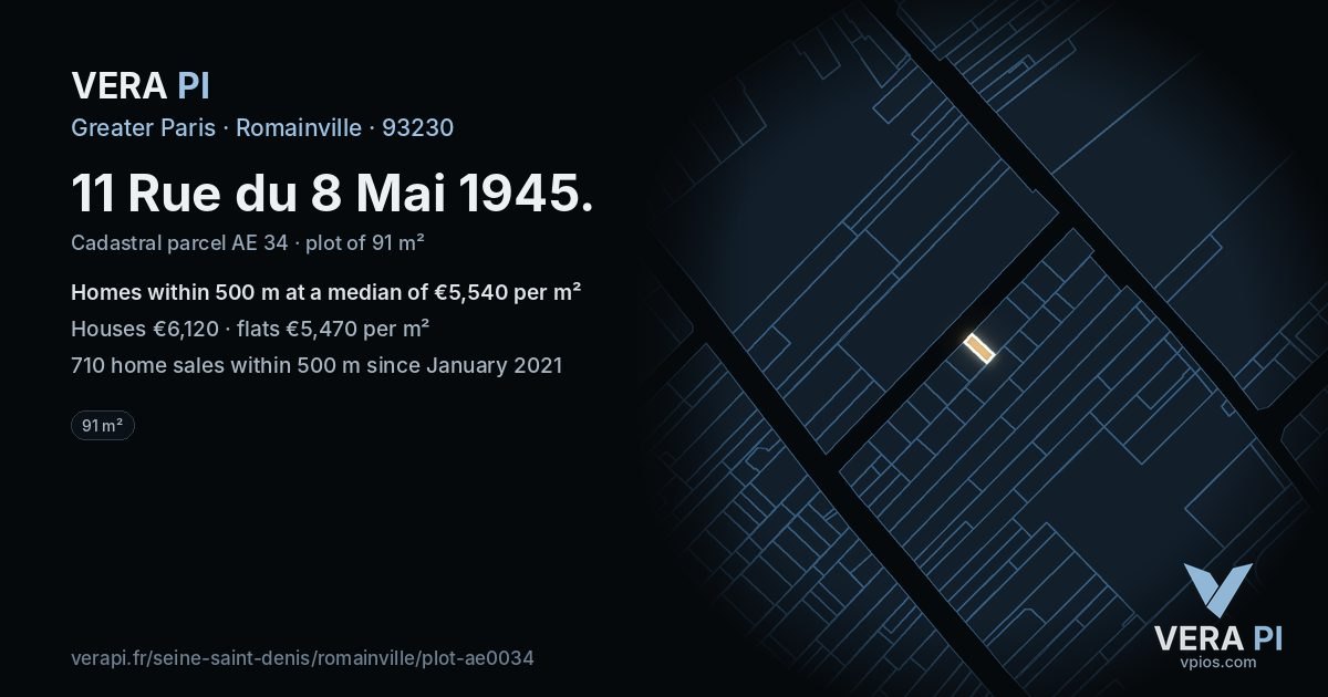11 Rue du 8 Mai 1945, Romainville at night – the plot lit, the parcels around coloured by the prices near them