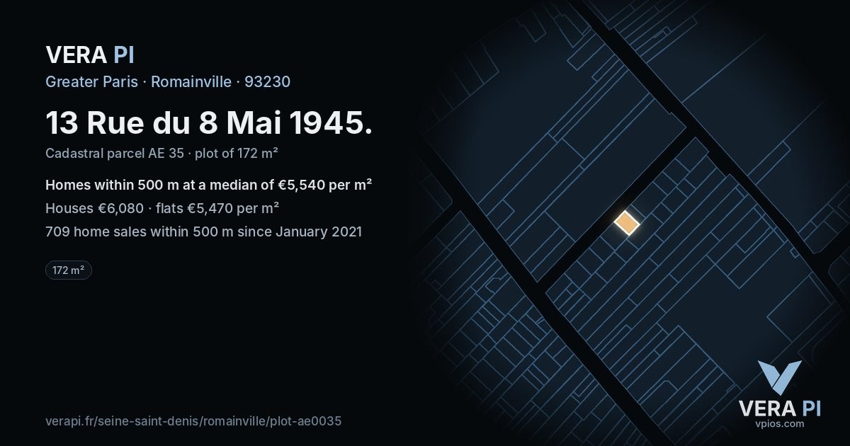 13 Rue du 8 Mai 1945, Romainville at night – the plot lit, the parcels around coloured by the prices near them