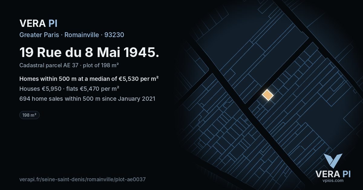 19 Rue du 8 Mai 1945, Romainville at night – the plot lit, the parcels around coloured by the prices near them