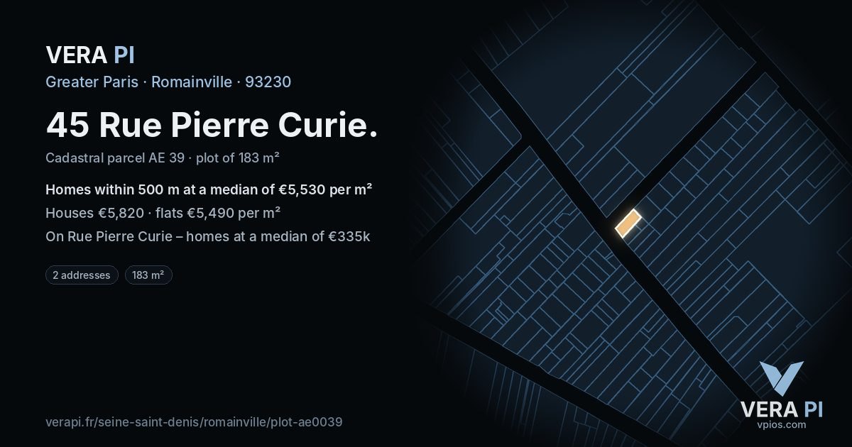 45 Rue Pierre Curie, Romainville at night – the plot lit, the parcels around coloured by the prices near them