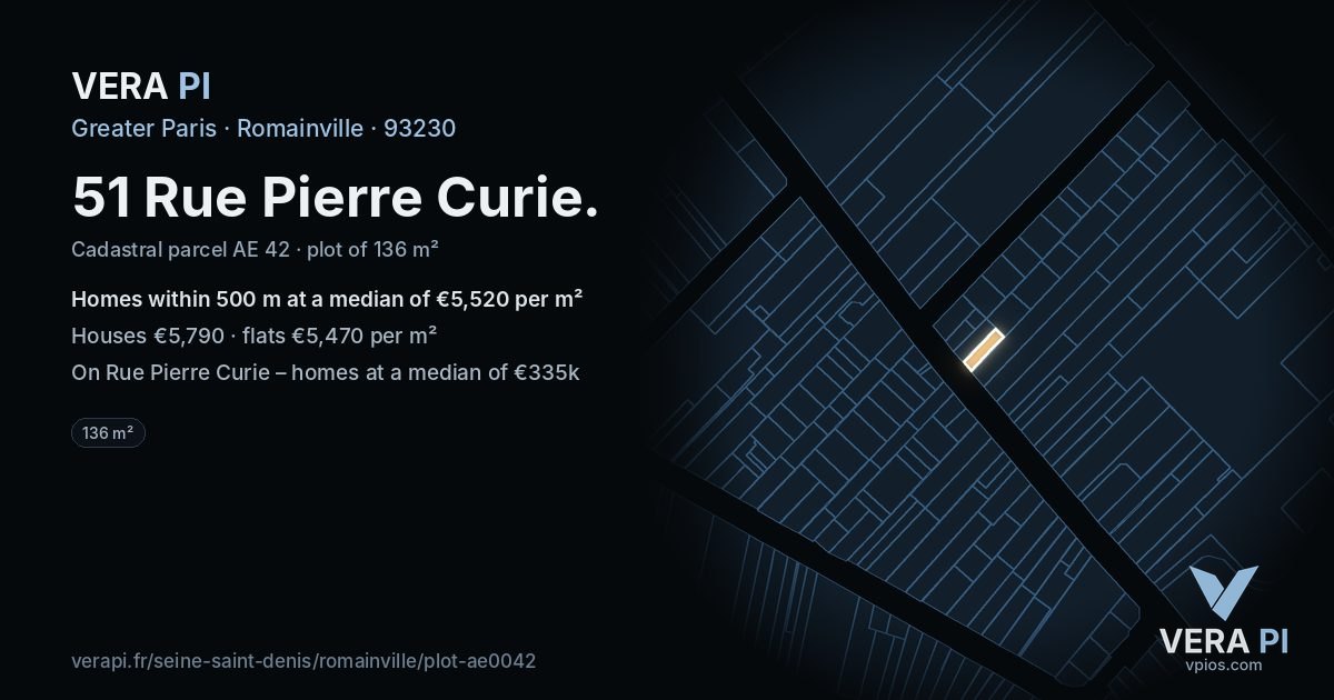51 Rue Pierre Curie, Romainville at night – the plot lit, the parcels around coloured by the prices near them