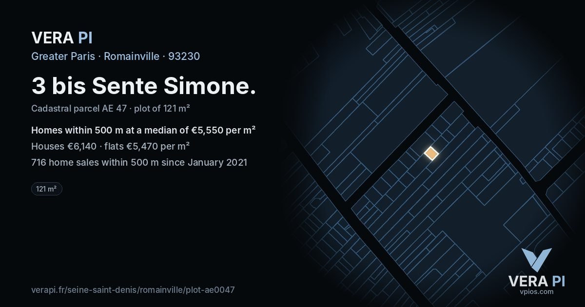 3 bis Sente Simone, Romainville at night – the plot lit, the parcels around coloured by the prices near them