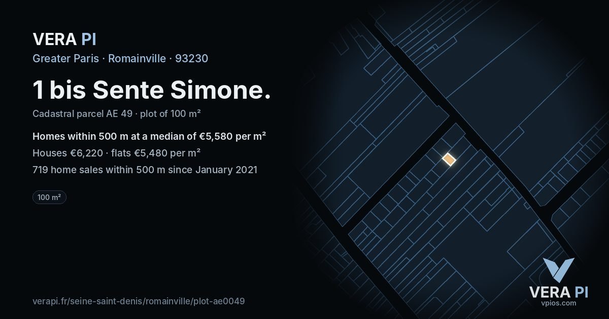 1 bis Sente Simone, Romainville at night – the plot lit, the parcels around coloured by the prices near them
