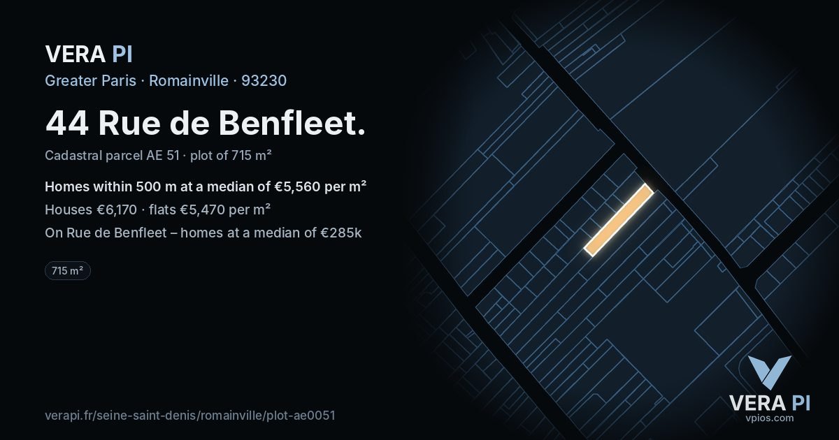 44 Rue de Benfleet, Romainville at night – the plot lit, the parcels around coloured by the prices near them