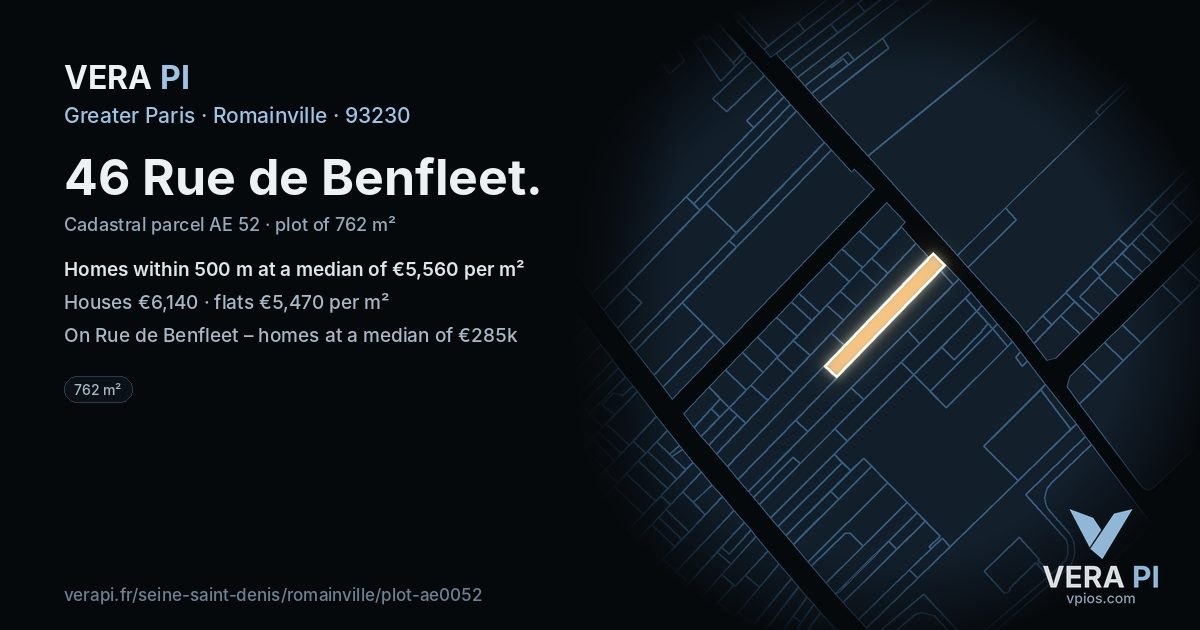 46 Rue de Benfleet, Romainville at night – the plot lit, the parcels around coloured by the prices near them