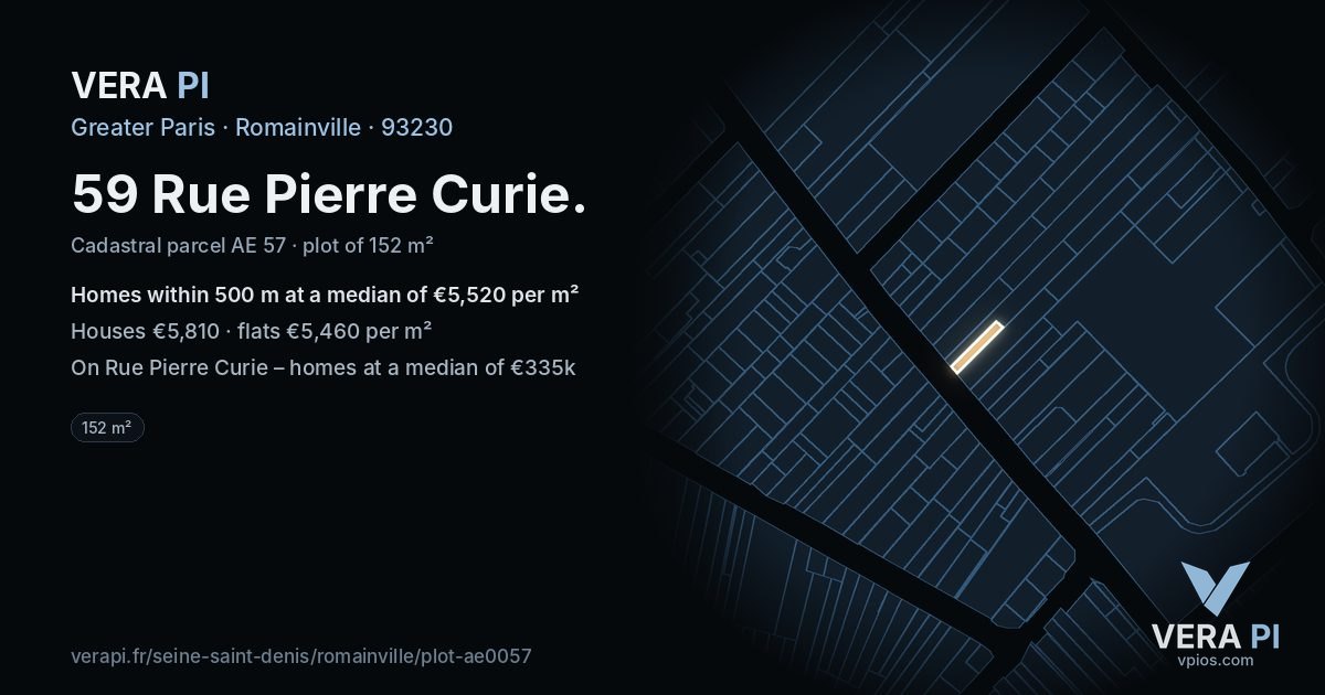 59 Rue Pierre Curie, Romainville at night – the plot lit, the parcels around coloured by the prices near them