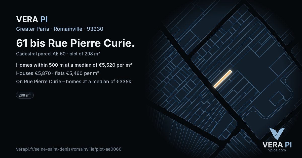 61 bis Rue Pierre Curie, Romainville at night – the plot lit, the parcels around coloured by the prices near them