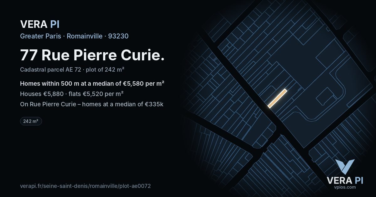 77 Rue Pierre Curie, Romainville at night – the plot lit, the parcels around coloured by the prices near them