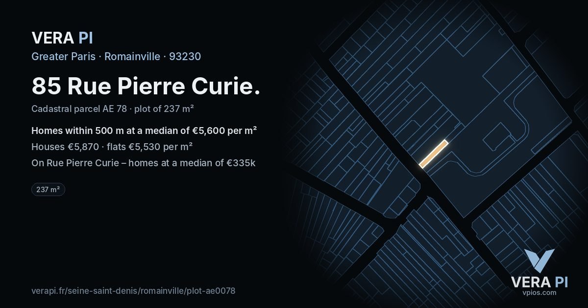 85 Rue Pierre Curie, Romainville at night – the plot lit, the parcels around coloured by the prices near them