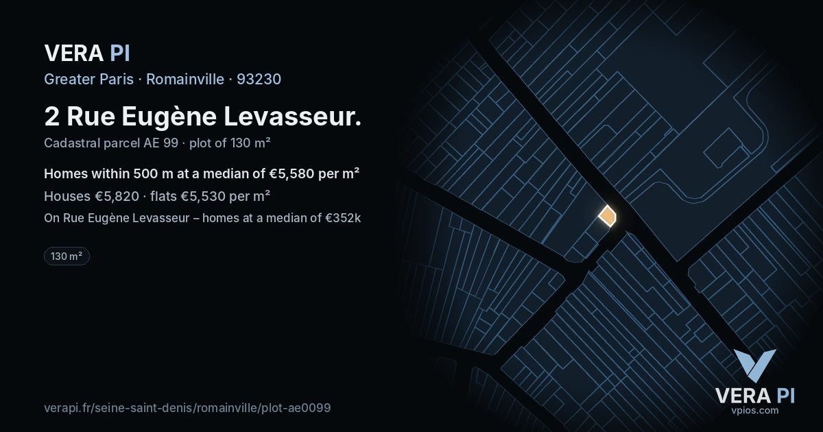 2 Rue Eugène Levasseur, Romainville at night – the plot lit, the parcels around coloured by the prices near them