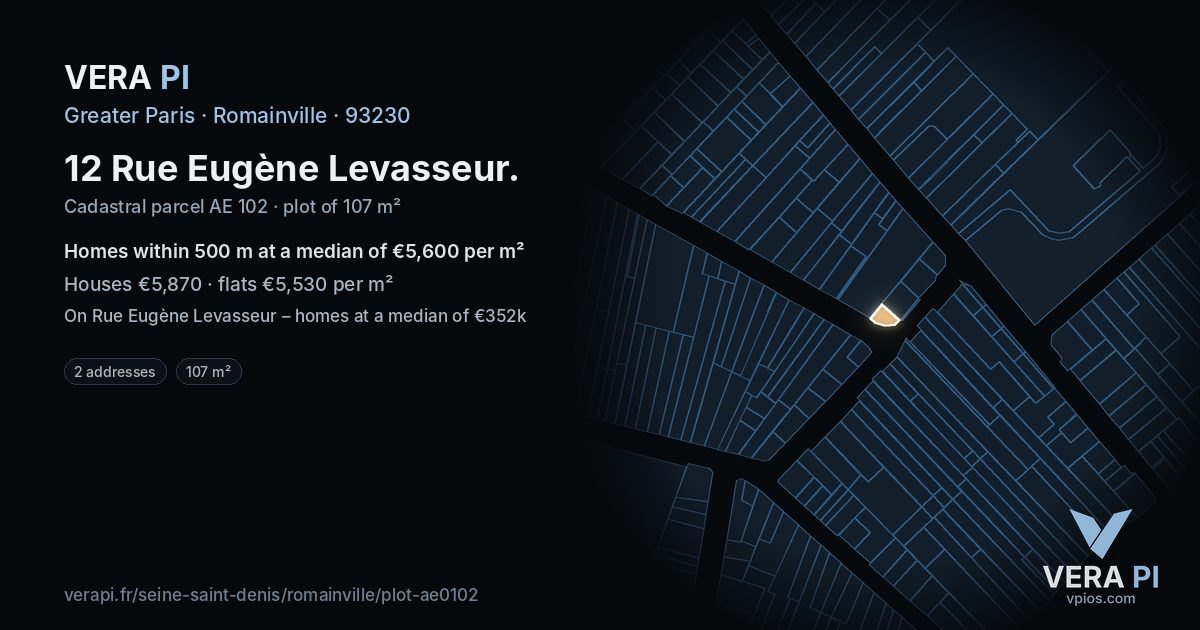 12 Rue Eugène Levasseur, Romainville at night – the plot lit, the parcels around coloured by the prices near them