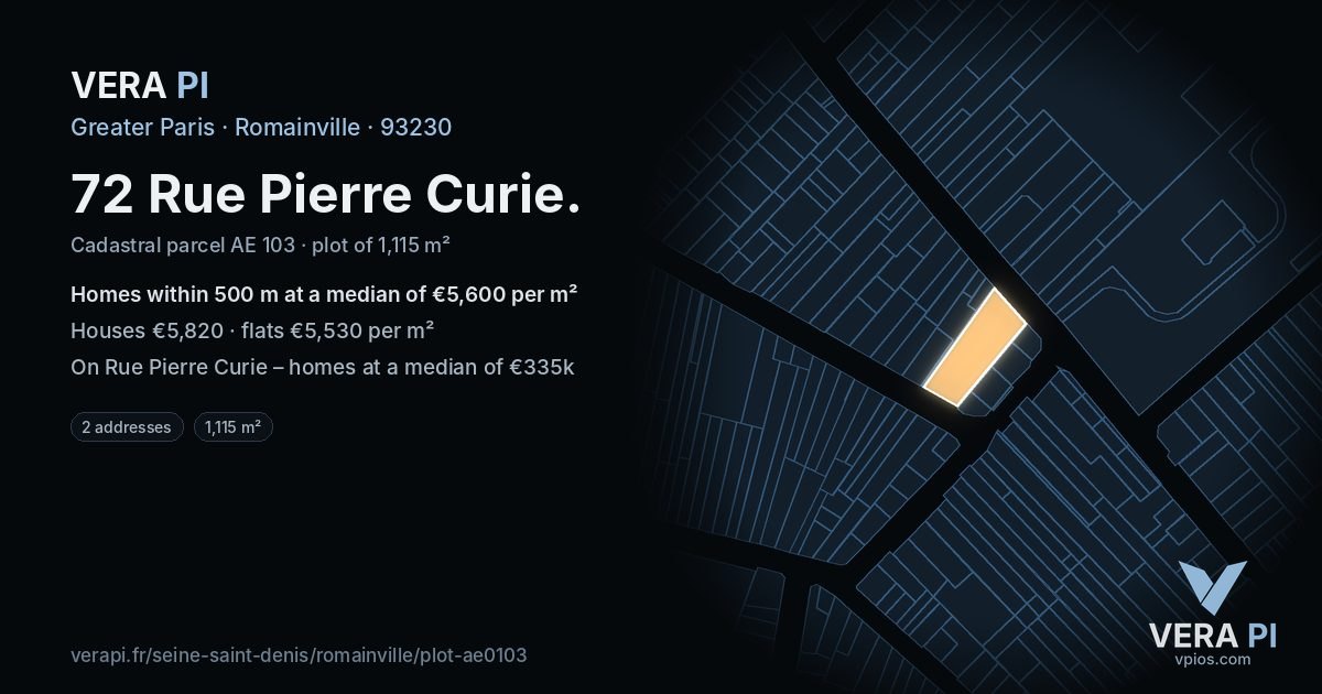 72 Rue Pierre Curie, Romainville at night – the plot lit, the parcels around coloured by the prices near them