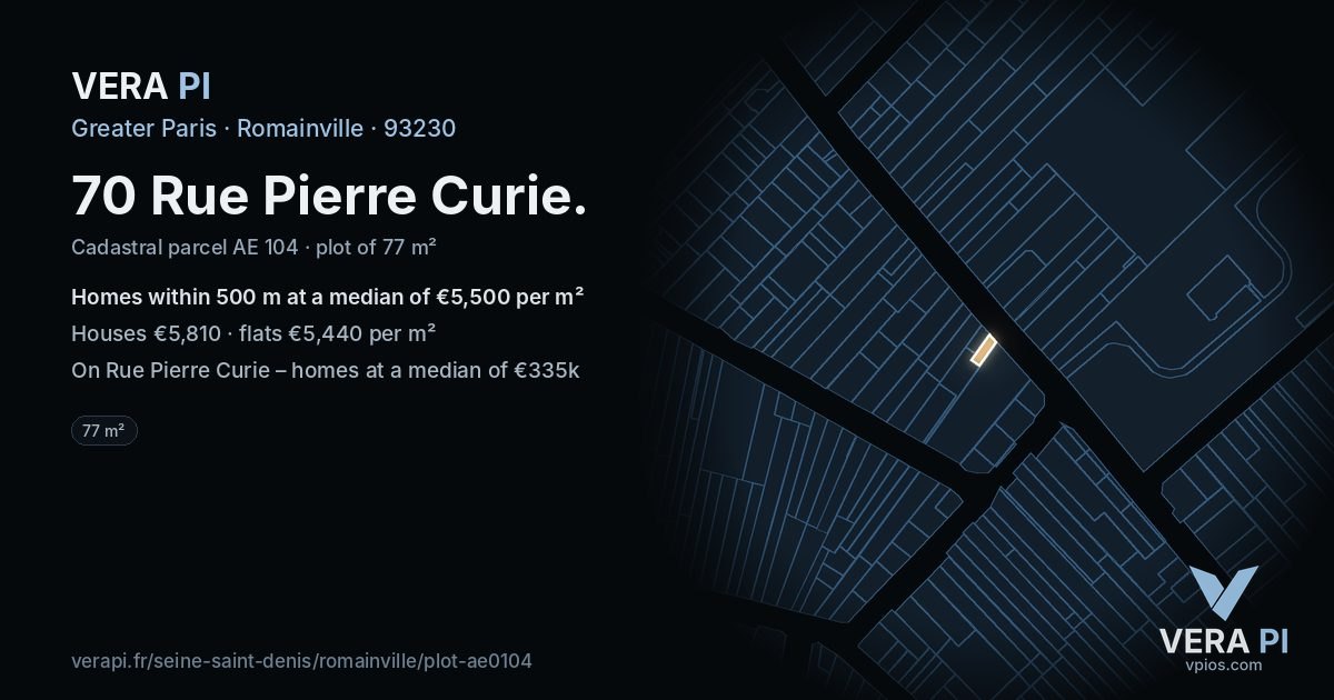 70 Rue Pierre Curie, Romainville at night – the plot lit, the parcels around coloured by the prices near them