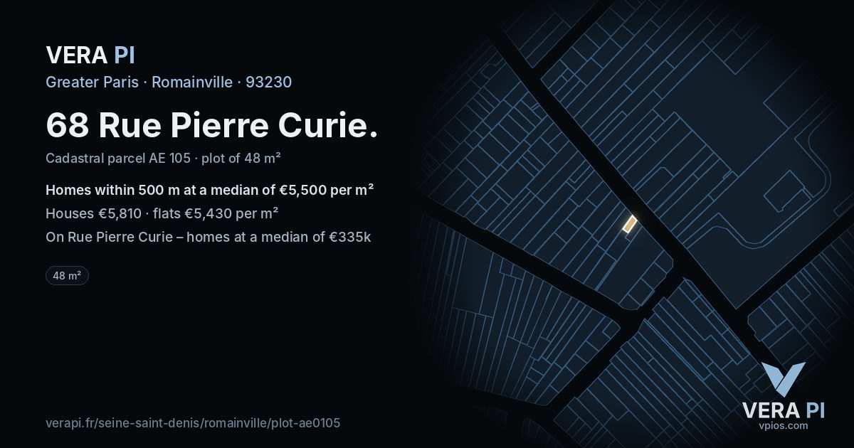 68 Rue Pierre Curie, Romainville at night – the plot lit, the parcels around coloured by the prices near them