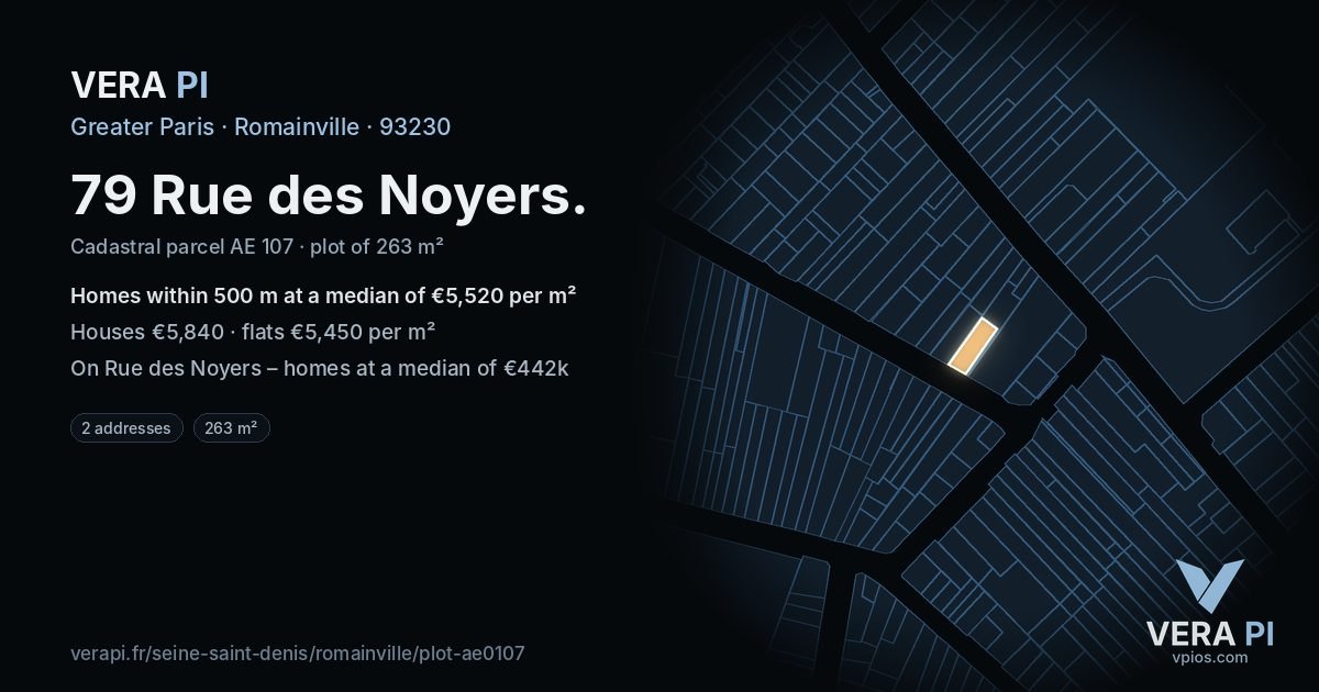 79 Rue des Noyers, Romainville at night – the plot lit, the parcels around coloured by the prices near them