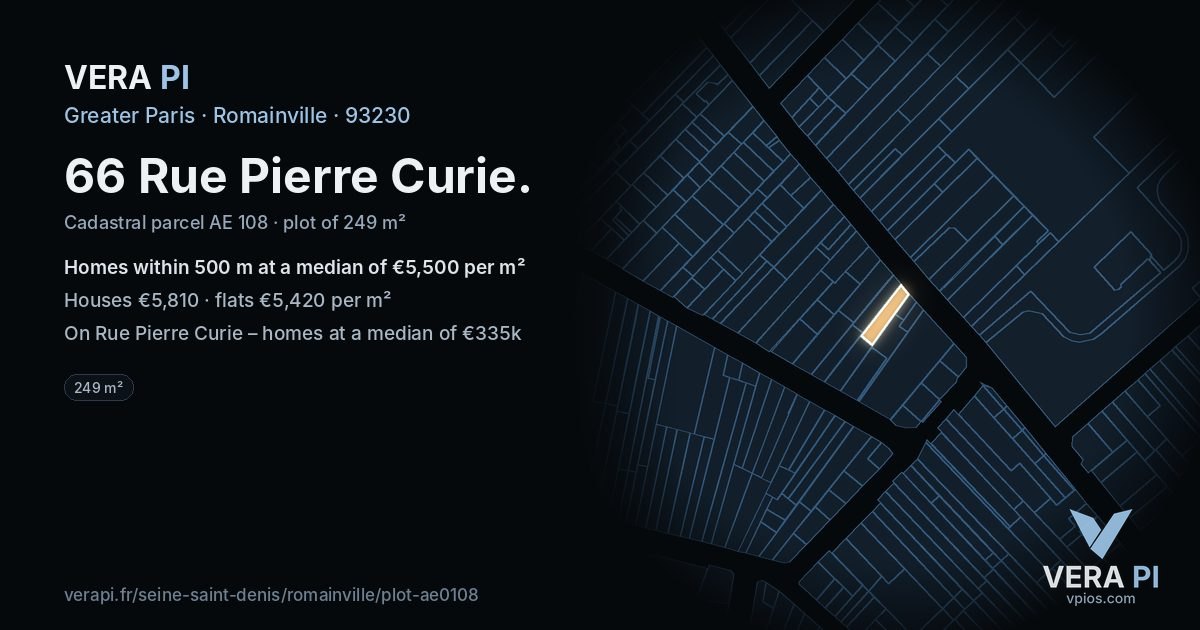 66 Rue Pierre Curie, Romainville at night – the plot lit, the parcels around coloured by the prices near them