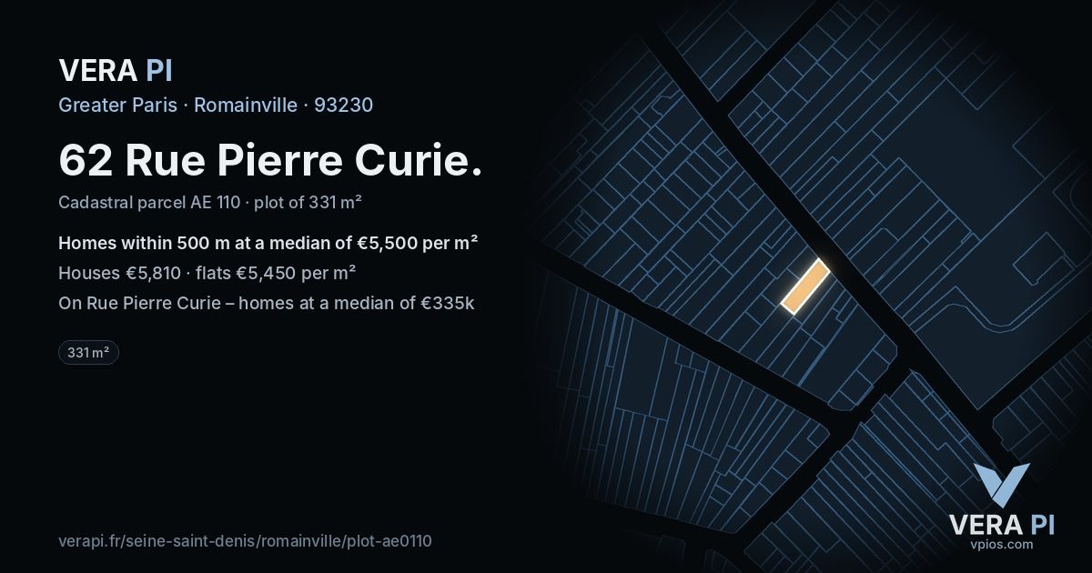 62 Rue Pierre Curie, Romainville at night – the plot lit, the parcels around coloured by the prices near them