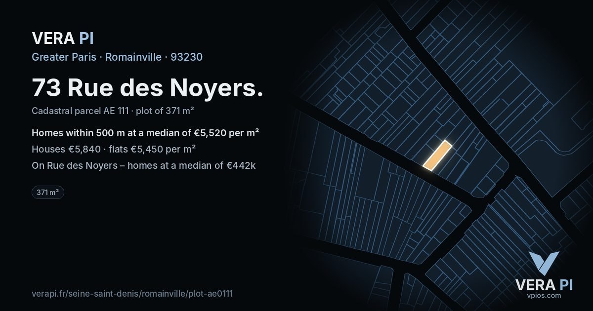 73 Rue des Noyers, Romainville at night – the plot lit, the parcels around coloured by the prices near them