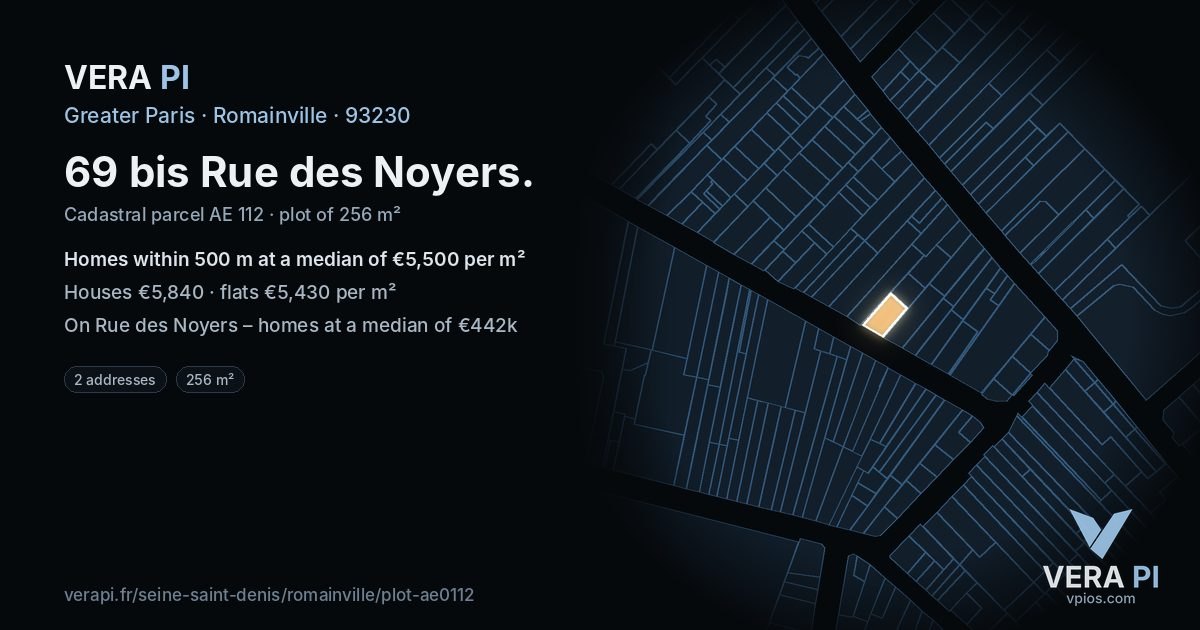 69 bis Rue des Noyers, Romainville at night – the plot lit, the parcels around coloured by the prices near them