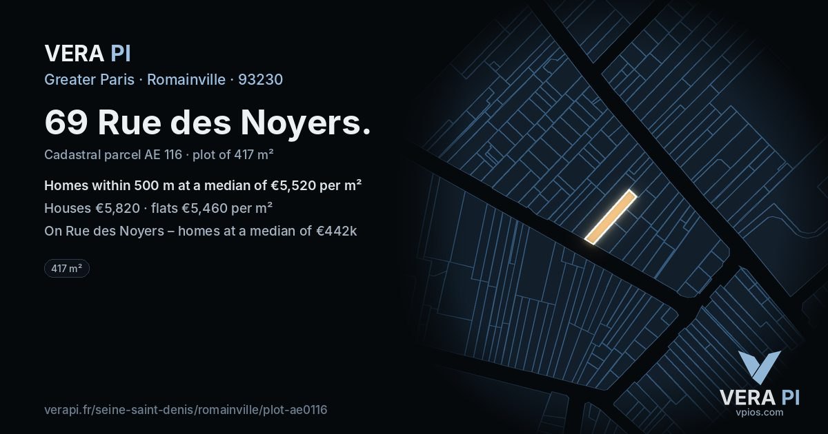 69 Rue des Noyers, Romainville at night – the plot lit, the parcels around coloured by the prices near them