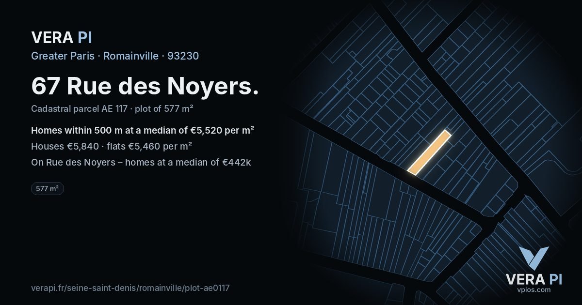 67 Rue des Noyers, Romainville at night – the plot lit, the parcels around coloured by the prices near them