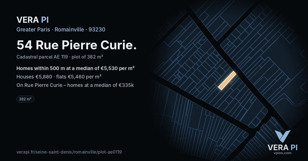 54 Rue Pierre Curie, Romainville at night – the plot lit, the parcels around coloured by the prices near them