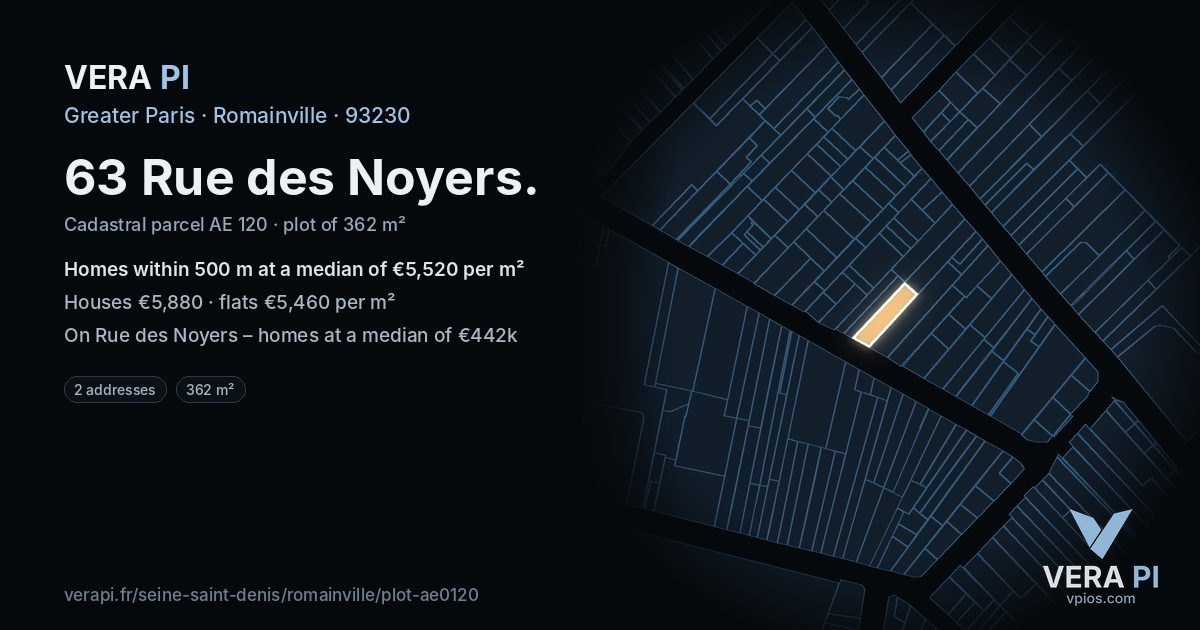63 Rue des Noyers, Romainville at night – the plot lit, the parcels around coloured by the prices near them